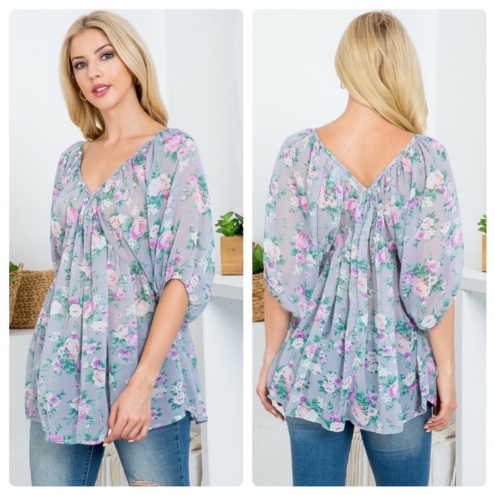Beautiful Gray Floral Print Short Sleeve Blouse